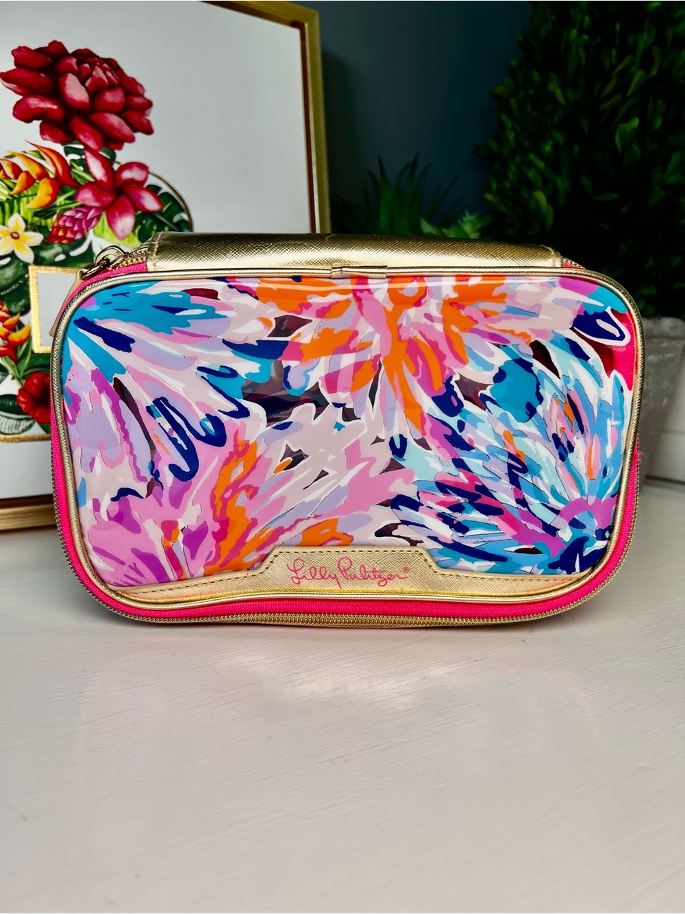 Lilly Pulitzer Multicolor Floral Cosmetic Pouch with Gold Accents